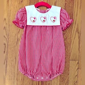 NEW Classic Whimsy Red Check Embroidery Hearts Valentine’s Day Bubble, 12M
